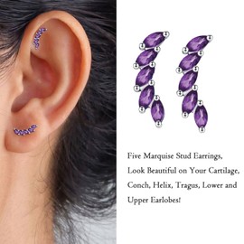 Sterling Silver Stud Earrings for Women, Cubic Zirconia Leaf Shaped Cluster Cartilage Climber Earrings Upper Ear Helix Piercing Tragus studs for Girls Gifts Purple