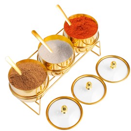 HOFURME 3 Pcs Gold Coffee and Sugar Dispenser with Storage Rack - Stainless Steel Gold Sugar Container Condiment Dispenser with Glass Lid and Spoon for Home Kitchen for Salt, Coffee Bean