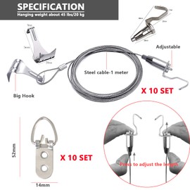 SPROUTER 10 Pack - Picture Rail Hooks and Wire Picture Rail Hanging System, Silver Molding Hooks for Picture Hanging - Gallery Hanging System Includes Picture Rail Hook, Cables and Adjustable Hooks