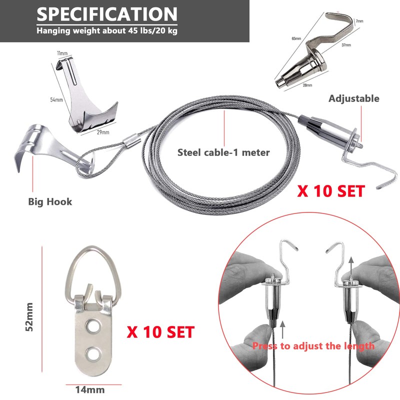 10 Pack - Picture Rail Hanging System, Silver Molding Hooks