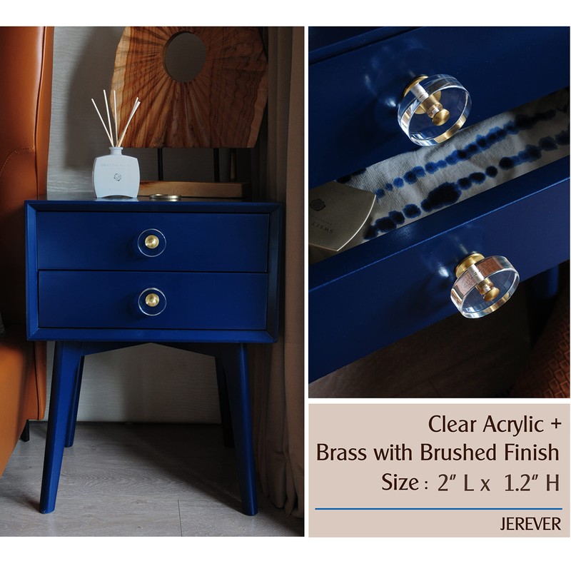 JEREVER 2 Pack Acrylic Knobs Large Size Crystal Brass Drawer