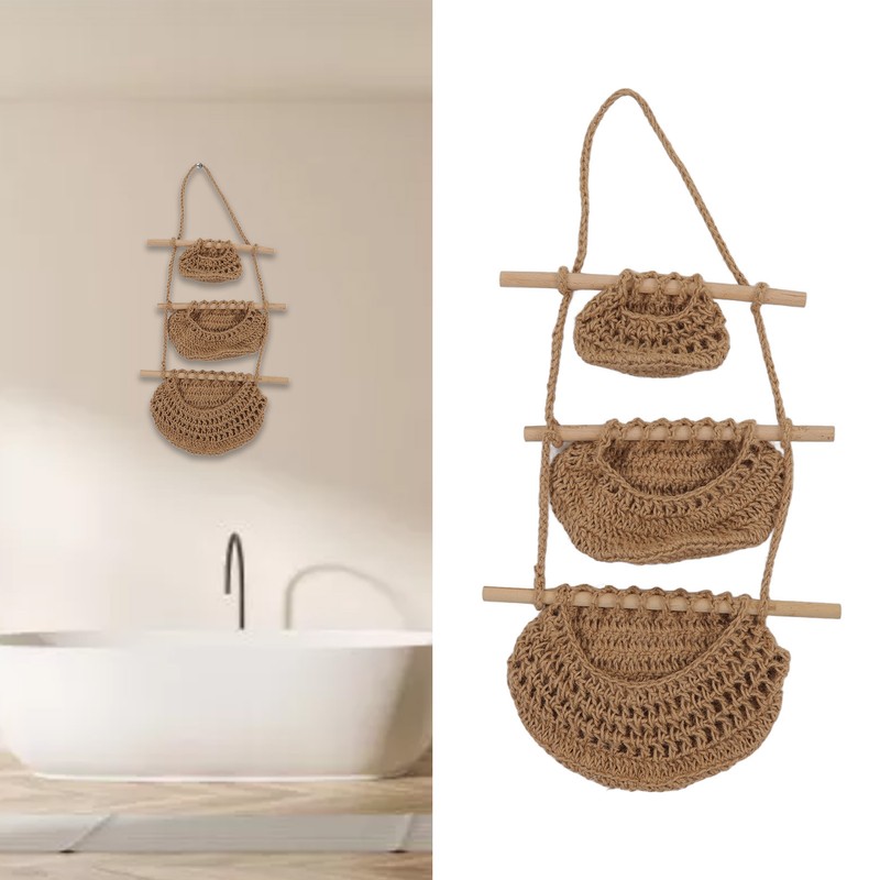 Hanging Fruit Basket 3 Tier Wall Mounted Handcraft Hemp Rope