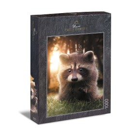 Ulmer Puzzleschmiede - Puzzle "Raccoon is looking for friend" - Loving animal motif as 1000 pieces puzzle - the cute little raccoon houses a butterfly and warm-hearted his paw