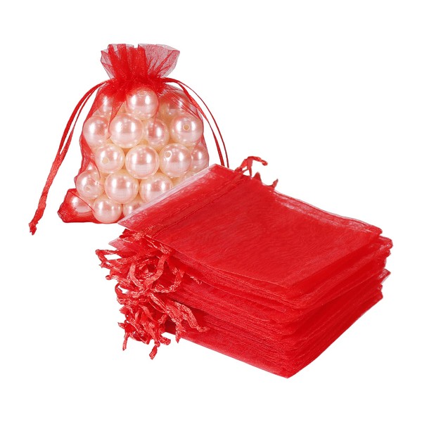 HRX Package 100pcs Little Red Organza Bags 3 x 4 inch, Mesh Jewelry Pouches Drawstring Empty Sachets for Bracelets Candy Small Gift