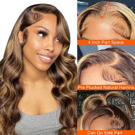 Highlight Ombre 13x4 Lace Front Wigs Human Hair 4/27 Colored Body Wave Honey Blonde 9A Glueless HD Transparent Lace Frontal Wigs for Women 180 Density Human Hair Pre Plucked with Baby Hair 28 Inch