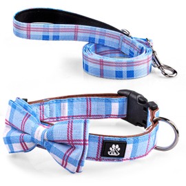 FURRYFECTION 3 Pieces Dog Bowtie Collar and Leash Set for Small Medium Large Dogs,Adjustable Dog Collar with Bow Tie for Girl or Boy Dogs Cats(Medium Collar+Bowtie+5FT Leash,Checkered Blue)