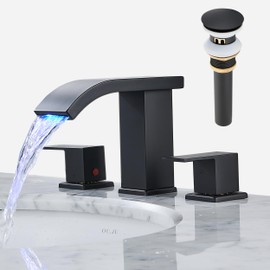 Bathroom faucets 3 Hole Widespread Modern Bathroom Sink Faucet 8 inch Matte Black Bathroom 3 Hole LED Light Waterfall Vanity Faucet Sink with Pop Up Drain (Matte Black)