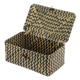 Hipiwe X-small Wicker Basket with Lid Natural Seagrass Storage Baskets Box Handwoven Household Organizer Box Multipurpose Woven Storage Basket for Shelf Closet,Black