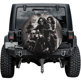 ThuhaTree Store Biker Skull Couple Spare Tire Cover with Or Without Backup Camera Hole, Biker Skull Couple Spare Tire Cover