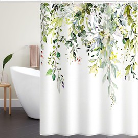 TOTSUN Fabric Shower Curtain, 180×200cm Green Floral Bathroom Shower Curtains Anti Mould & Waterproof Quick-Drying Shower Curtain for Bathroom, with 12 Hooks