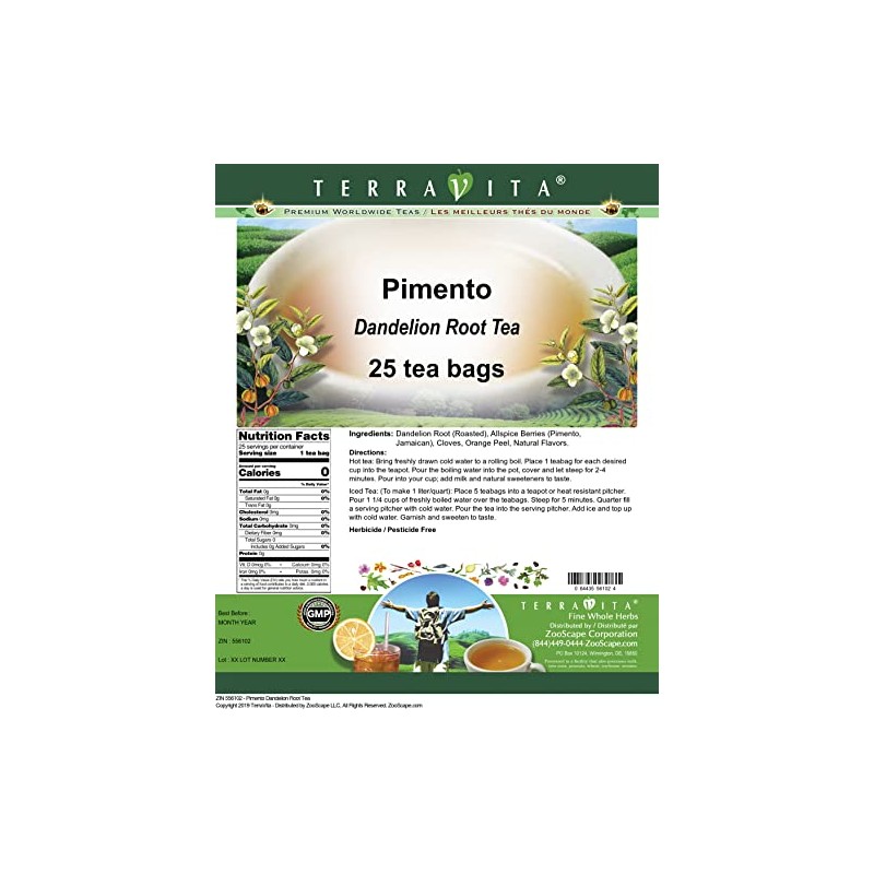 Pimento Dandelion Root Tea (25 tea bags, ZIN: 556102)