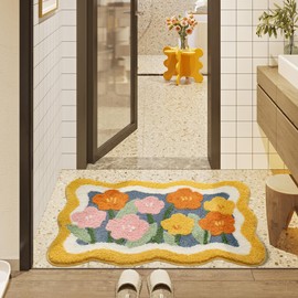 Cute Bathroom Rug,Scalloped Floral Washable Bath Mat,32’’X20’’Pink and Yellow Small Boho Rugs for Shower, Sink,Bedroom,Kitchen Decor