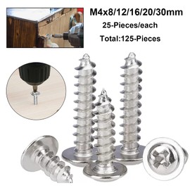 FandWay Phillips Pan Head With Washer Self-Tapping Screws, M4 x 8/12/16/20/30mm,304 Stainless Steel Wafer Head Tapper Screws, Truss Head Screws, Wood Screws Assortment Set (25-Pieces/each)