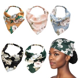 BSITSSS 5 Pieces Headband Elastic, Roses Floral Print Triangle Bandana, Silk Headscarf Hair Scarf Vintage for Women Girls Ladies Summer Hair Accessory