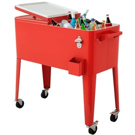 Giantex 80 Quart Rolling Patio Cooler Cart with Drain, Outdoor Ice Chest with Lockable Wheels, Bottle Opener & Cap Catcher, Beverage Bar Cooler Trolley for Party Beach Poolside Backyard BBQ (Red)