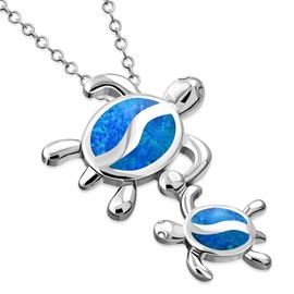 My Daily Styles Blue Sea Turtle Pair Necklace Pendant 925 Sterling Silver Simulated Opal