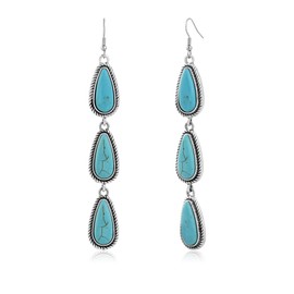 Watforsh Large Long Boho Silver Turquoise Teardrop Western Country Earrings Drop Dangle Vintage Stone Bohemian Statement Earrings for Women Cowgirl