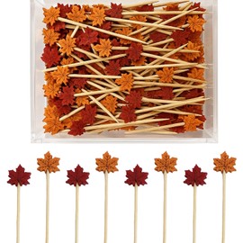 100PCS Bamboo skewers Cocktail Sticks, Maple Leaf Design, 12cm Cocktail Picks for Party Decorations, Food Skewers for Beverages and Appetizers