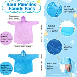 Funnysoft 12 Sets Rain Disposable Poncho and Shoe Covers Family Pack Plastic Waterproof Disposable Emergency Raincoat with Hood Adult Kids Shoe Covers for Camping Travelling Amusement Park