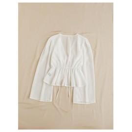 Floerns Women's Sheer Tie Front Flowy Sleeve Blouse Asymmetrical Ruffle Hem Flared Blouse White Small