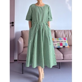 Minibee Women's Cotton Linen Dress Summer Short Sleeve Casual Plaid Flowy A-Line Midi Dresses with Pockets Green XX-Large