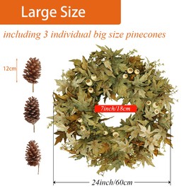 BINFEN 24" Green and Brown Ombre Foliage Wreath with White Berries and Pinecones – Natural Looking Fall Winter Front Door, Porch, Wall, and Fireplace Decor