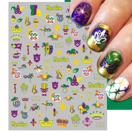 IDDFEVE IDDFEVE Mardi Gras Carnival Nail Art Stickers - 3D Amusement Park, Masks, Beads, Fleur-de-lis, Harlequin & Crowns Self-Adhesive Nail Decals (5 Sheets)