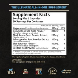 Sea Moss Capsules- Irish Sea Moss, Ashwagandha, Black Cumin Seed, Bladderwrack, Burdock Root & Magnesium- Immune Support, Gut Health, Energy, & More - 60 Capsules