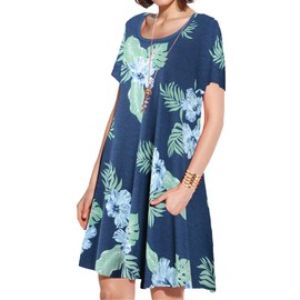 JollieLovin Plus Size Summer T-Shirt Casual Dresses for Curvy Women Flowy Swing(6X,14-Steel Blue)