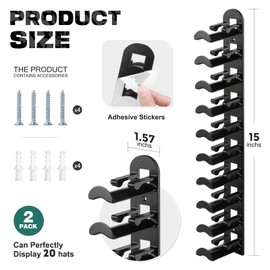Hat Hook for Wall, 2 Pack Hat Organizer Hold up to 20 Hats,Hat Holder with Strong Adhesive and 8 Pack Screws, Cap Holder Hat Hangers for Wall Closet Door and Bedroom(B-Black)
