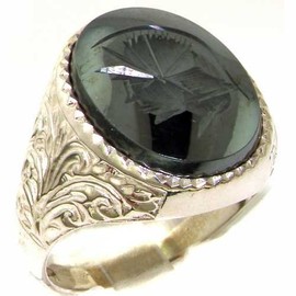 Solid Sterling Silver carved Centurions Head Natural Hematite Mens Mans Signet Ring - Size 9 - Sizes 6 to 13