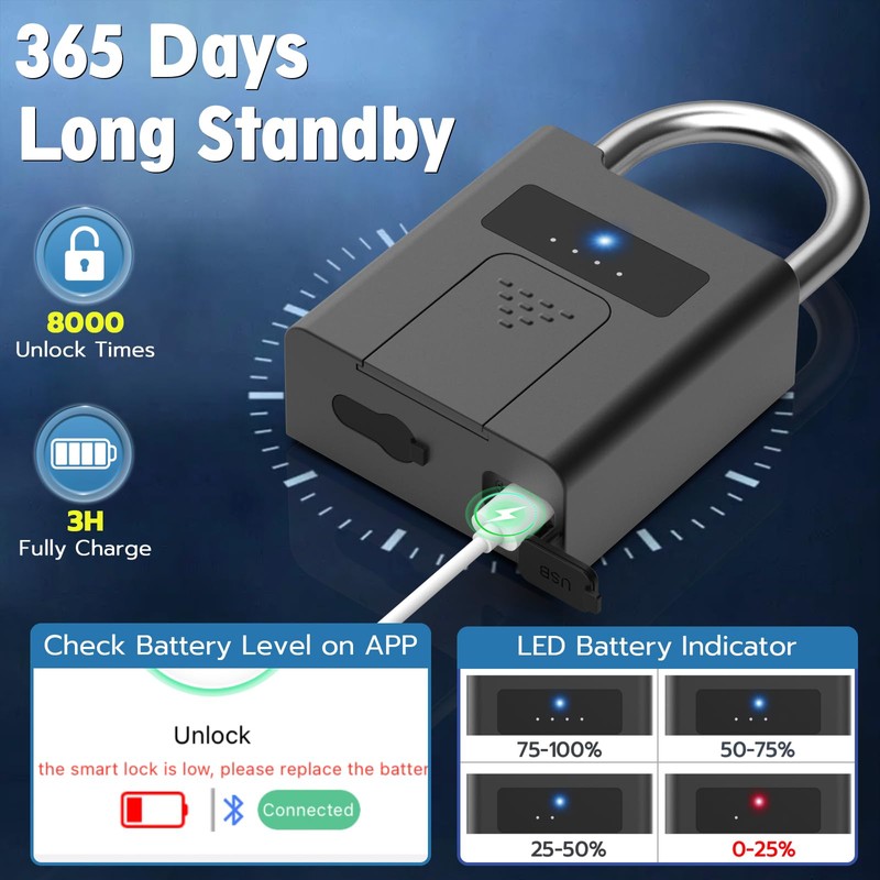 Fingerprint Padlock,Heavy Duty Smart Padlock with Key, Waterproof Bluetooth App