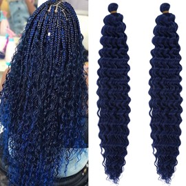 Water Deep Wave Curly Wavy Braiding Hair Pre Stretched Ocean Wave Crochet Hair Navy Blue Boho Hair for Braiding 24 Inch 2 Packs Synthetic Bohemian Braiding Hair Boho Curls Crochet Braids
