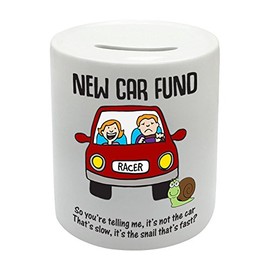 BS082 NEW CAR FUND Novelty Gift Printed Ceramic Piggy Bank Money Saving Box