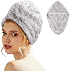 Toalla de Microfibra para el Cabello，Secado de Pelo Rápido; Gorro Absorbente de Agua para Mujeres; Turbante Suave de Baño con Botones. (Gris)