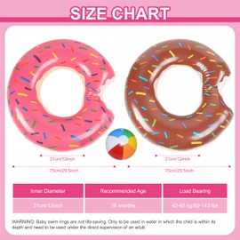 2Pcs Pool Inflatable Float Rubber Ring 90CM Donut Swim Rings in Pink & Brown with 1 Beach Balls, Rubber Ring Tube Water Pool for Kids Adults Summer Toys Beach Pool Party