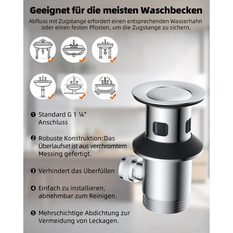 Hibbent Pull Rod Drain Fitting with Overflow Sink Drain Valve