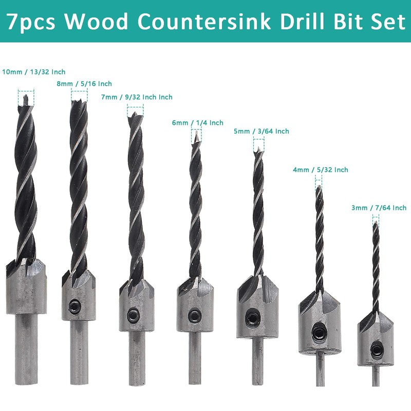 Aracombie 7pcs Wood Countersink Drill Bit Set, Metric Countersink Drill