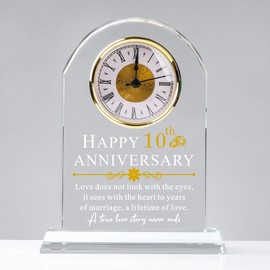 QIANRUNA 10th Wedding Anniversary Glass Quartz Clock Gifts for Her Him, 10 Years of Marriage Quartz Clock Gifts for Couple, Happy 10th Anniversary Clock Decoration Gifts for Husband Wife