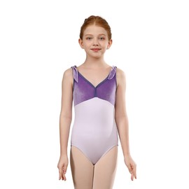 ZYXWVU Girls Velvet Sleeveless Ballet Dance Leotards with Bow Shoulder - Gymnastics Leotard for Kids, 7011-Purple, 10-12 years