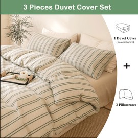 VM VOUGEMARKET Striped Duvet Cover Set Queen Beige 100% Washed Cotton Bedding Set,Grey Vertical Ticking Stripes Pattern Comforter Cover with Zipper Closure (3pcs, Queen Size)