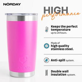 NORDAY | Tumbler Cup with Lid - 20oz - Pink | Vacuum Insulated Tumbler - Travel Tumbler - Stainless Steel Tumblers - Double Wall Coffee Tumbler - Keeps Temperature up to 24hr - Anti Spill Lids