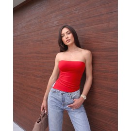 OQQ Womens Tube Tops Strapless Crop Tops Ruched Irregular Sleeveless Going Out 2025 Summer Shirts Red
