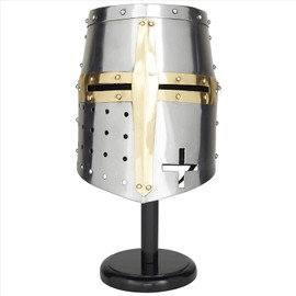 Nagina International Medieval Templar Crusader Knight Armor Helmet With Round Black Wooden Stand | Greek Roman Spartan Armour | Silver Gold Helm A+ | Wearable for Adult Costumes
