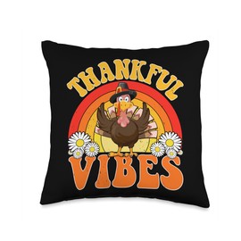 Thankful Vibes Turkey Thanksgiving Costume Thankful Vibes Turkey Rainbow Cute Fall Retro Thanksgiving Throw Pillow, 16x16, Multicolor