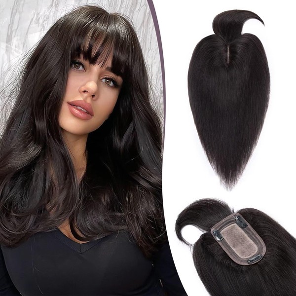 TESS Hair Topper, Real Hair, Black, 7 x 13 cm, Base Toupee, Women's #1B Natural Black with Fringe, Hair Topper, Real Hair, 44 g, 35 cm Hair Topper Clip-In Hairpiece Extensions