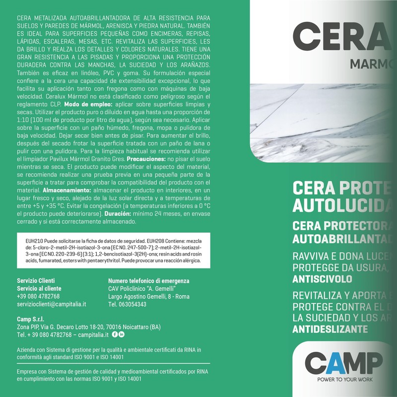 Camp CERALUX Marmo, Cera metallizzata autolucidante protettiva specifica per marmo,