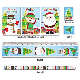 HENBRANDT 1 x Premium Christmas Stationery Set 5 Piece - Festive Kids School Supplies with Mini Notebook Pencil Ruler Sharpener Eraser - Xmas Stocking Fillers Party Favours Gifts