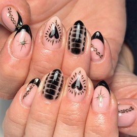 MERVF Almond Press on Nails Medium Fake Black French Tip Glue ons Gothic Nail Gold Star Stiletto Acrylic Animal Print Design Manicure Supplies Glossy 24pcs