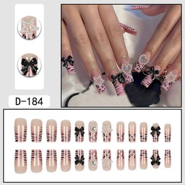 Press on Nails Long Square Fake Nails French Tip False Nails with Bow Pearl Designs Glossy Full Cover Acrylic Stick on Nails for Women 24 Pcs (Pink-06, L-06)
